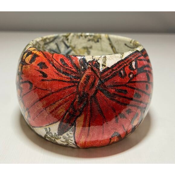 Decoupage Red Butterfly Bangle Bracelet 2" Width - Picture 1 of 6